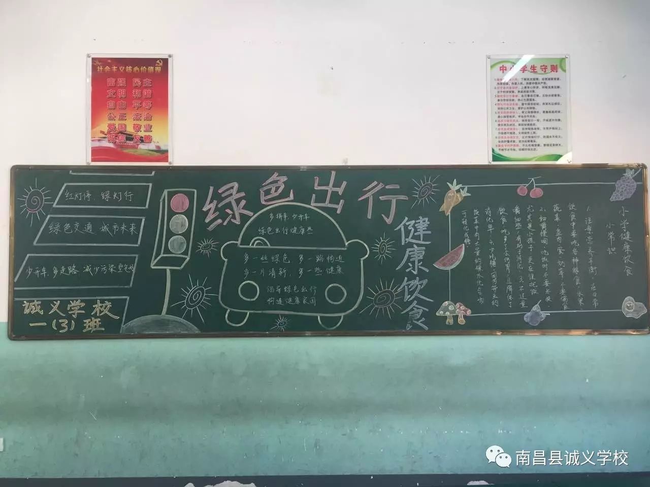 诚义学校开展"绿色出行,健康饮食"黑板报评比活动