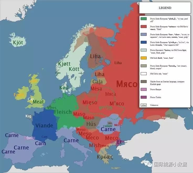 9)the word for "meat" across europe(欧洲各国语言中的"肉"字)