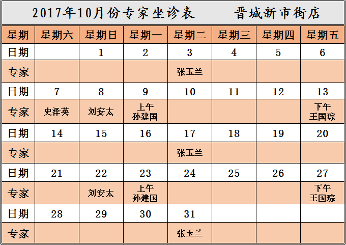 北京同仁堂"晋城新市街药店"10月份专家坐诊早知道