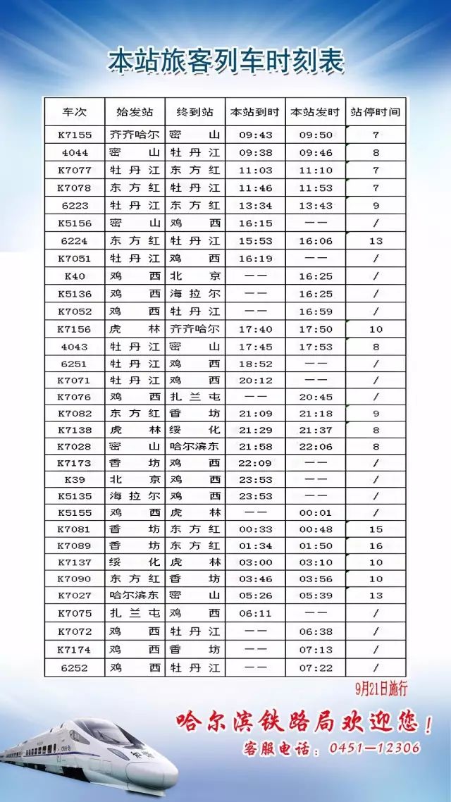 9月21日铁路大调图,虎林最新列车时刻表(