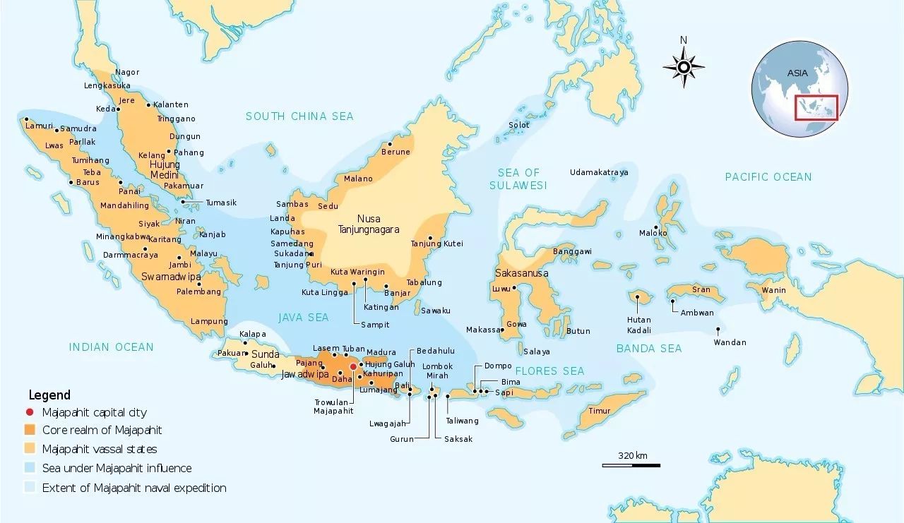 满者伯夷极盛期的领土.图片来自维基百科,作者gunawan kartapranata.