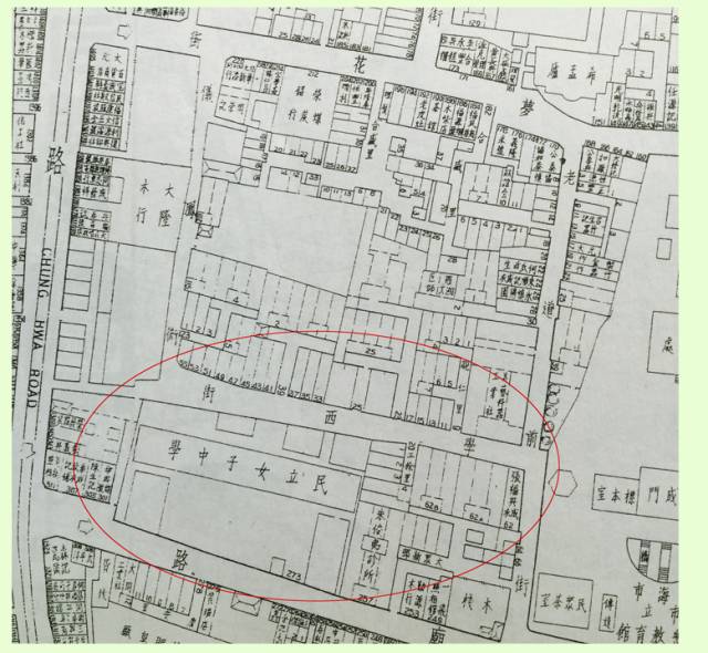 1947年上海市行号地图上标注的文庙路民立女子中学位置