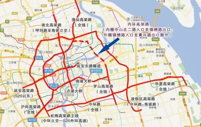 以实际道路标志为准 红色路段沪c都不能上 外牌有以下限行措施 每日7