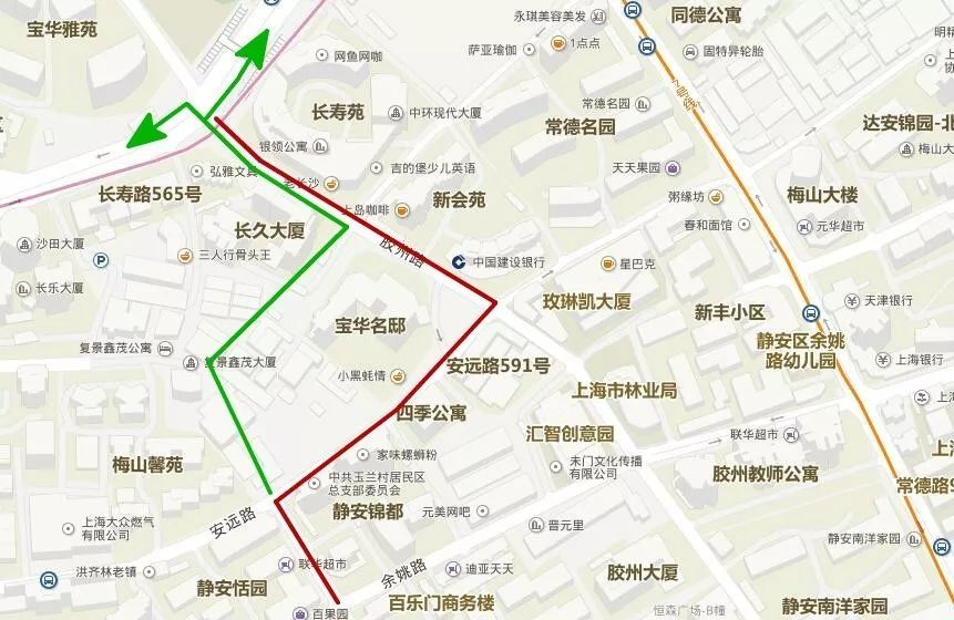 图中红线为"断头路"打通前,从延平路至长寿路需绕行安远路和叶家宅