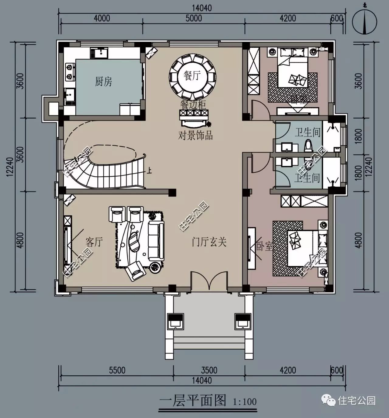 旋转楼梯挑空客厅14x14米独立欧式别墅全图预算视频展示