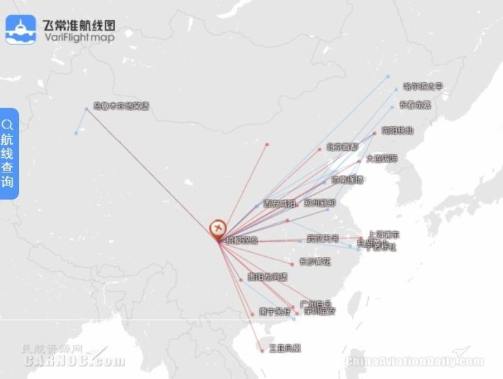 图:南航在成都航线网络图 飞常准航线图 map.variflight.