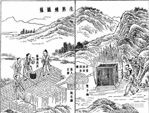 图为《天工开物》中记载的古代生熟炼铁炉不久,因炼钢业逐渐发达,加之