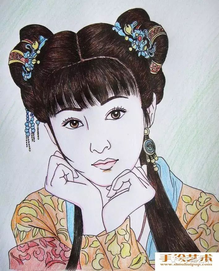 手绘作品教程美女人物彩铅画教程中国古典美女头像彩色铅笔画绘画步骤
