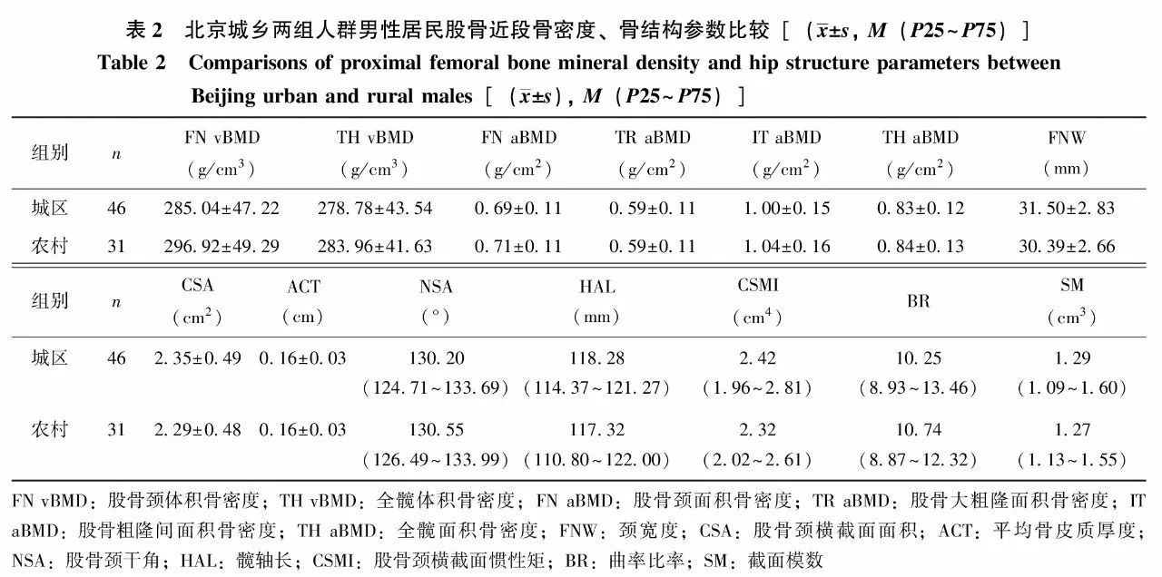 定量ct测量北京城乡老年人股骨近段骨密度与骨结构比较