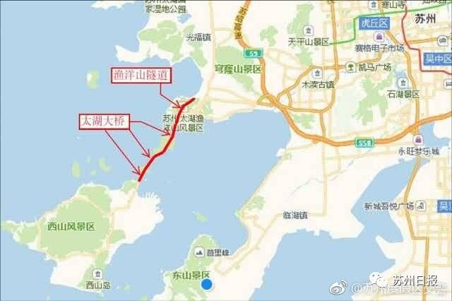 出岛通行线路:太湖大桥老桥—渔洋山隧道—孙武路