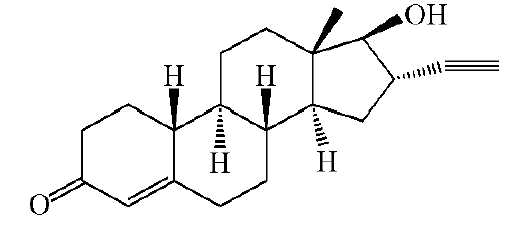 炔诺酮(17β-羟基-19-去甲-17α-孕甾-4-烯-20-炔-3-酮 的结构式