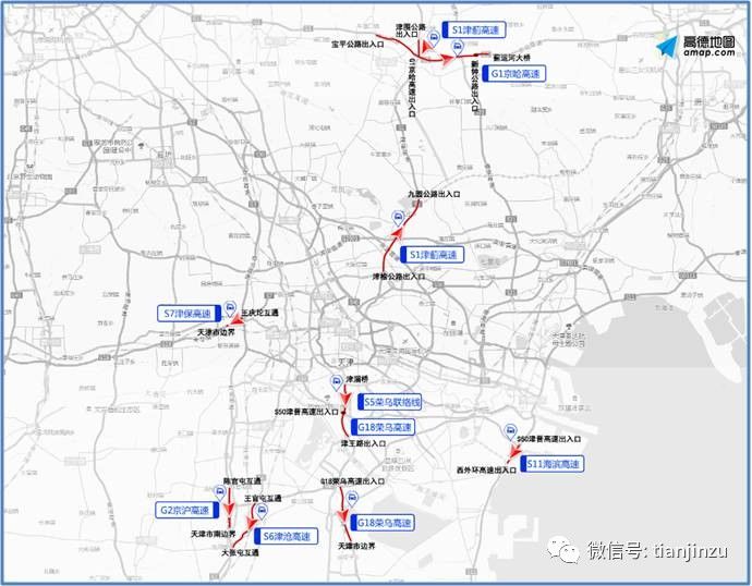 缓行的高速公路有g2京沪高速, s6津沧高速,s5荣乌联络线,s7津保高速