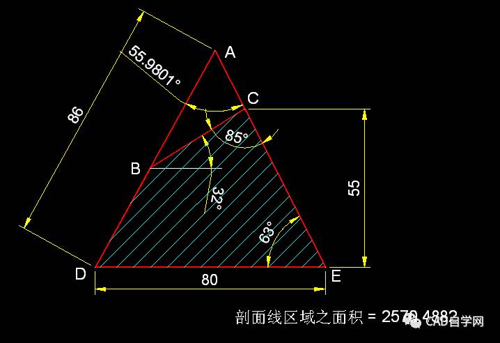 剖面线区域之面积 = 2570.4882∠g 之角度值 = 63.