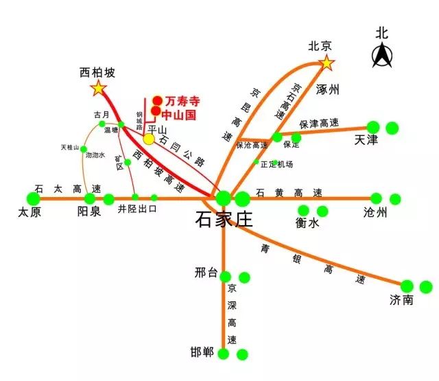 路线:石家庄北二环—西柏坡高速—平山县城(西行)—钢城路(中山医院