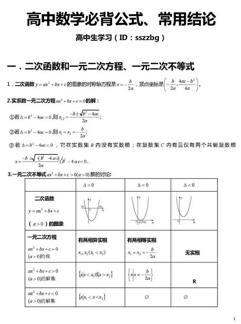 高中数学必背公式及常用结论全汇总 快收藏 三年都能用得到