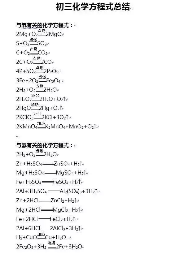 【化学】2018年中考化学必考化学方程式集锦