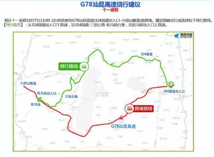 截至10月7日13时,云南部分高速路况:  昆石交警路况:昆石高速双向车