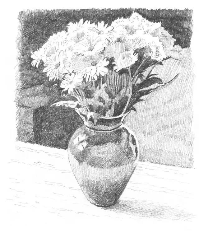 3.使用浅色调描绘整幅图画,保留花瓶,桌子和花朵的高光部分.