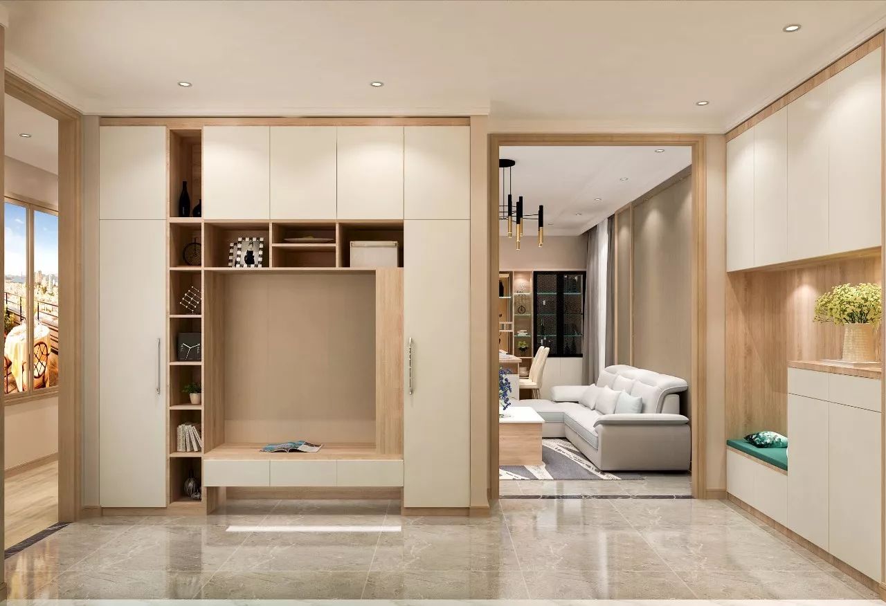 浅色的背景墙柜更容易融入空间,降低柜体存在感, 整体空间感更强.