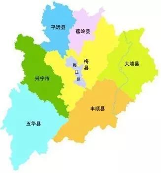 下辖梅江区,梅县区,兴宁市,大埔县,丰顺县,五华县,平远县,蕉岭县2区1