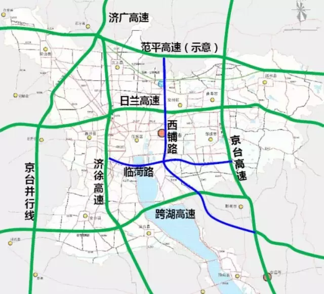 济宁市现有日兰高速和京台高速,规划中增加济徐高速范平高速跨湖