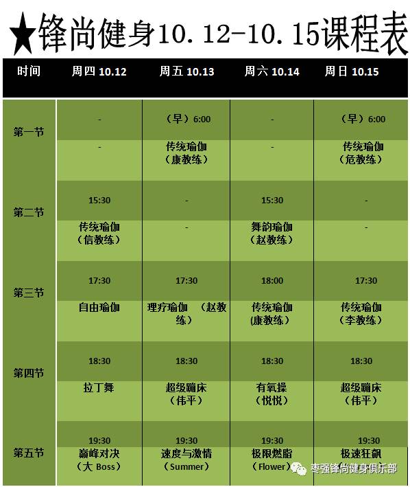 锋尚健身10月12-10月15日课程安排!