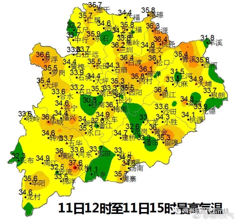 今日,我市各地气温在33℃以上,其中最高气温为大埔的35℃.