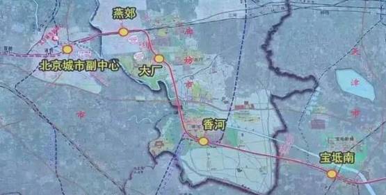 京唐城际高铁从燕郊站引出后,继续向东,依次过大厂,香河,天津宝坻再