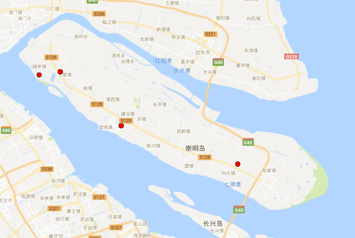 上海崇明岛,图上从左到右的四个红点依次为花卷农场,西岸氧吧,乡聚