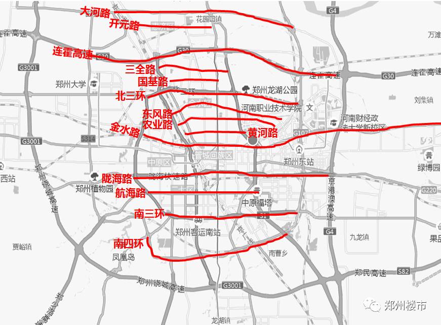 比如在郑州,与金水路平行的主要道路自北向南依次是大河路,开元路,连