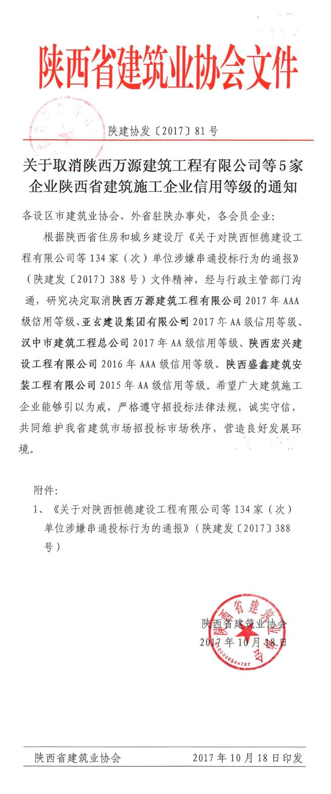 【通知】关于取消陕西万源建筑工程有限公司等5家企业陕西省建筑施工