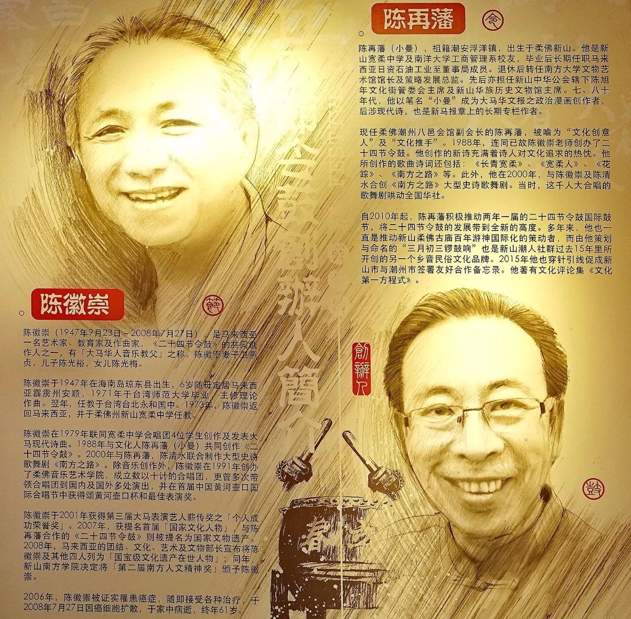 二十四节令鼓创始人陈再藩先生祖籍广东潮州,是马来西亚第二代华裔.