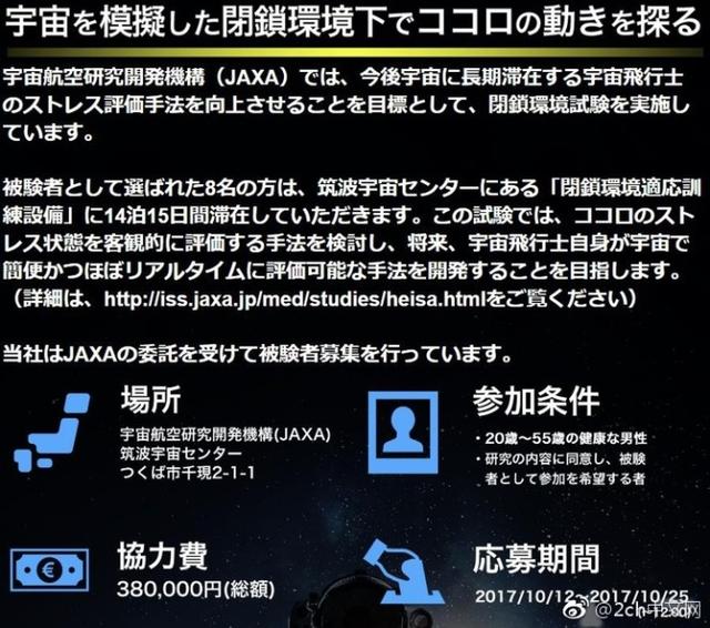 日本网民评论:jaxa38万日元招募临时工,只需在封闭设施里待2周