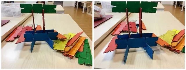 教具介绍:纸板拼图,利用纸板拼接想象拼出房子的造型或其他,拼图的