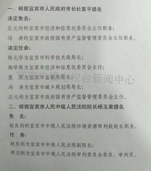 公示宜宾市人民代表大会常务委员会人事任免名单