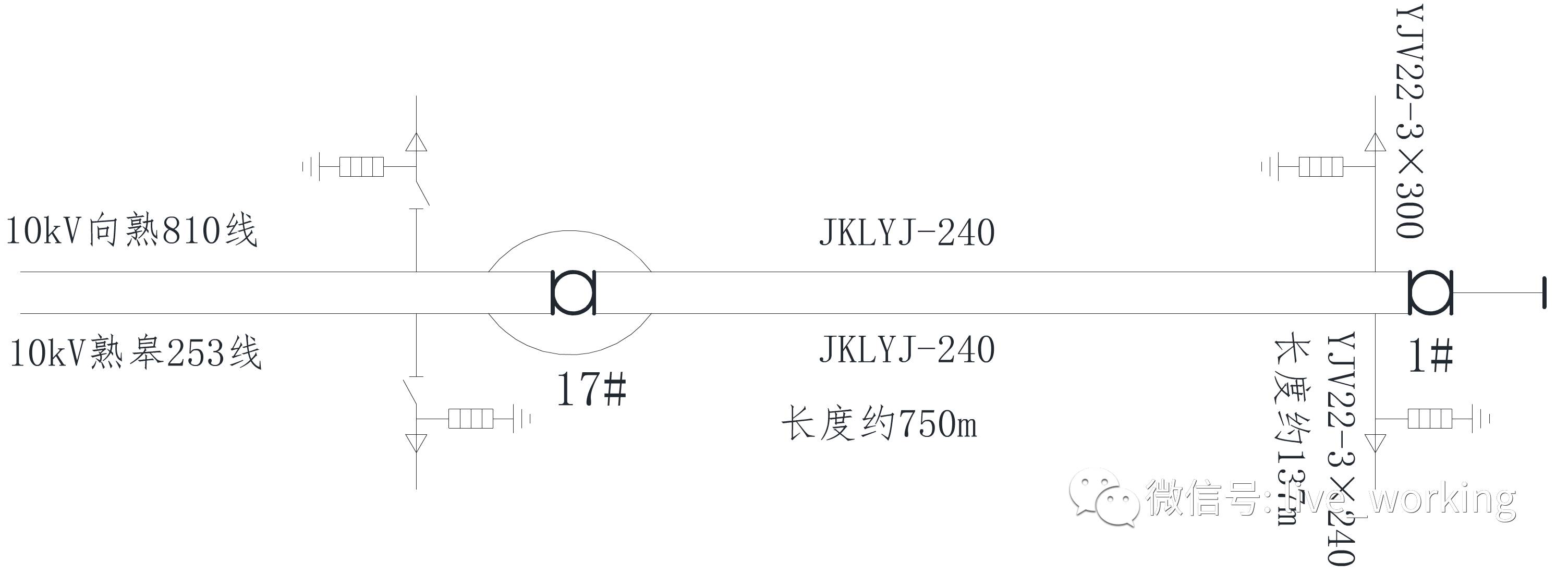 架空线为垂直排列的双回路线路,作业点即17号电杆为电缆登杆的钢管杆.