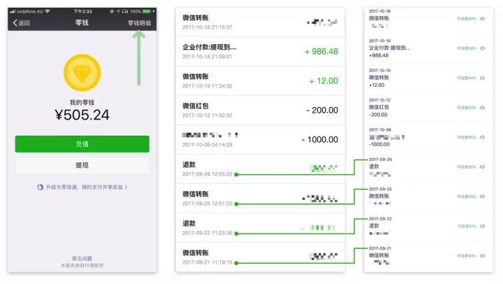 一个是微信钱包中的「交易记录」,另一个是零钱中的「零钱明细」