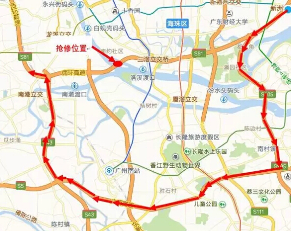 (2)东行绕行路线:海南立交-广珠西线-广明高速-南沙港快速-南环高速