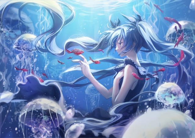 高清动漫壁纸蓝色水中画风 初音 壁纸图片