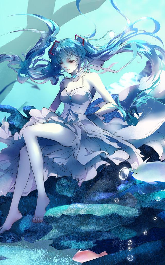 高清动漫壁纸蓝色水中画风 初音 壁纸图片