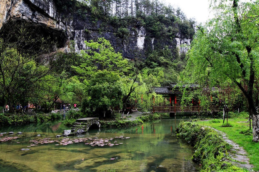 旅游 正文 酉阳桃花源景区大酉洞洞外桃林夹岸,落英缤纷,洞内土地平旷