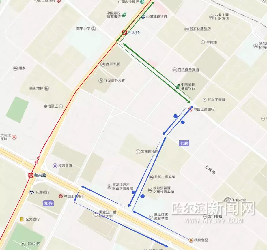 同济街方向从西大直街开始,途径通达街,汉广街,和兴路恢复原线路运行