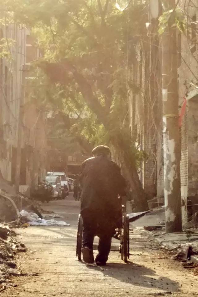 夕阳西下,一位老人推着轮椅从巷子里穿过