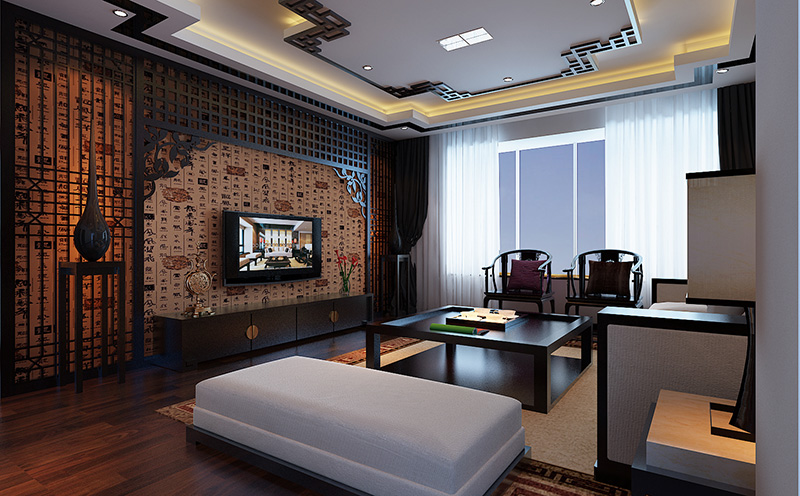 思念果岭五期145平方新中式——客厅电视墙装修效果图