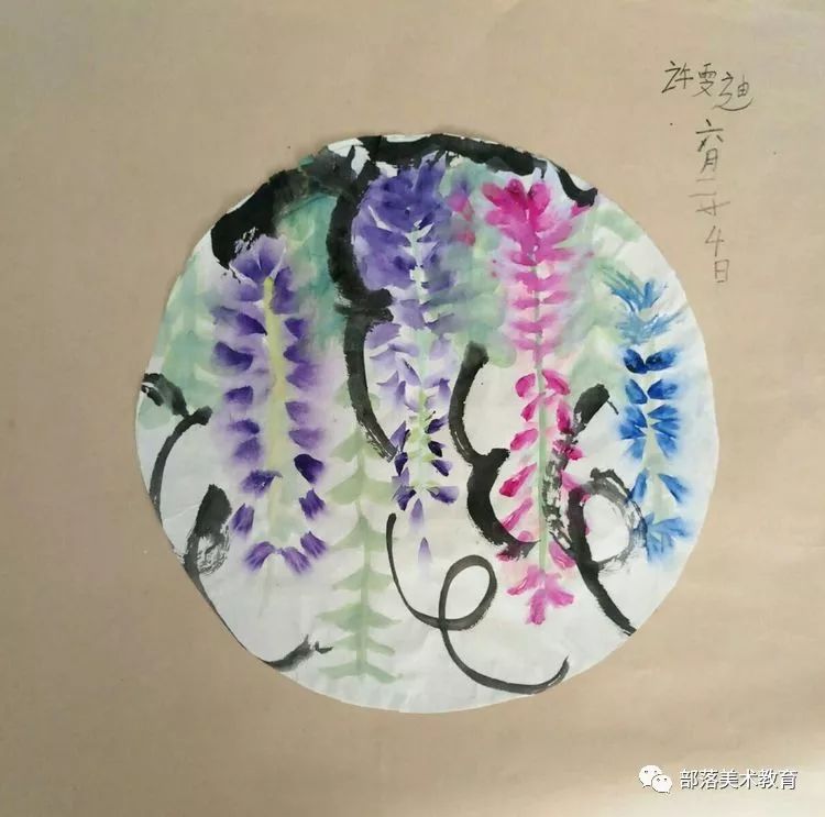 水粉紫藤花,刚来没多久的孩子画的,背景色很漂亮,非常棒.