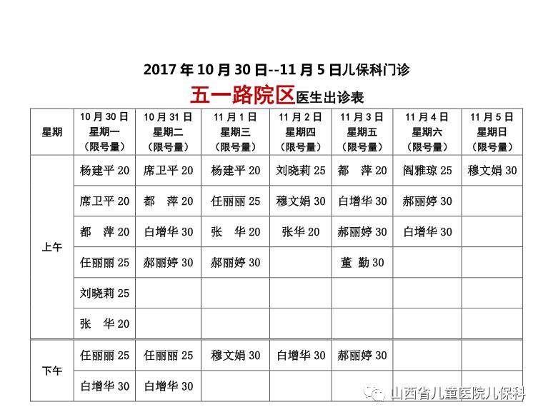 通知:《出诊时间》10.30-11.5儿保科大夫出诊信息