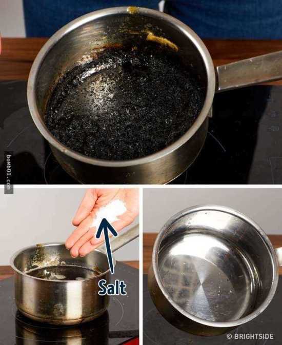 煮沸盐水清洁锅子:用烧焦的锅子煮盐水,煮15到20分钟再清洁,很容易