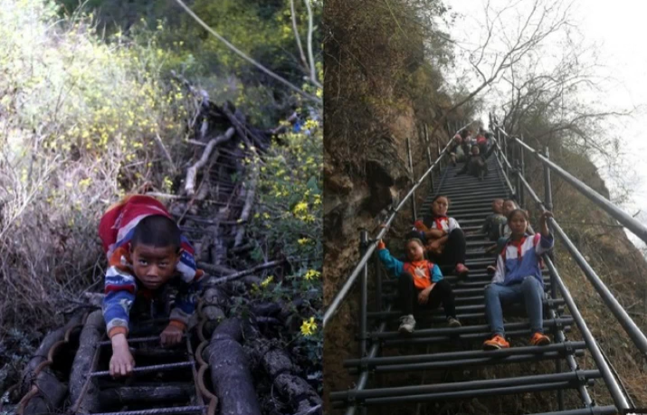 实拍大凉山悬崖村,老旧天梯升级改造,钢管新梯安全性大大提升!