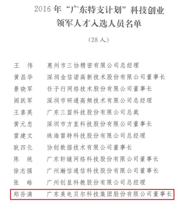 嘉富诚股东郑孙满先生成功入选广东特支计划科技创业领军人才