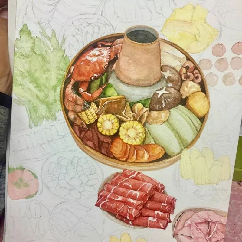 水彩画_丰盛的火锅大餐